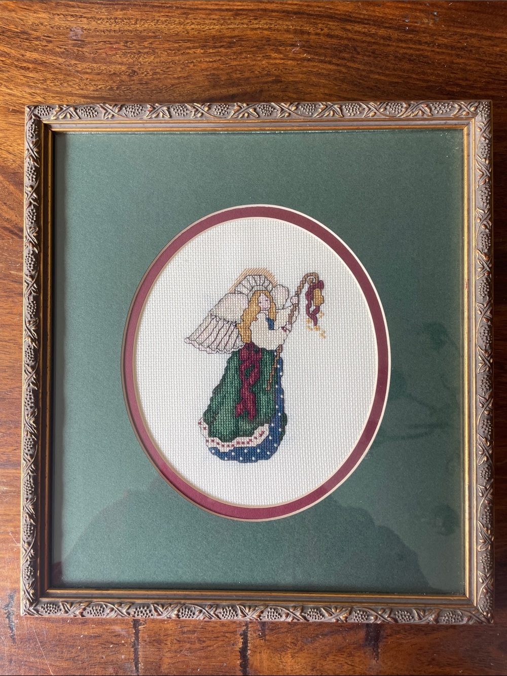 Framed Holiday Angel Cross-Stitch Needlepoint Wall Art Ready to Hang